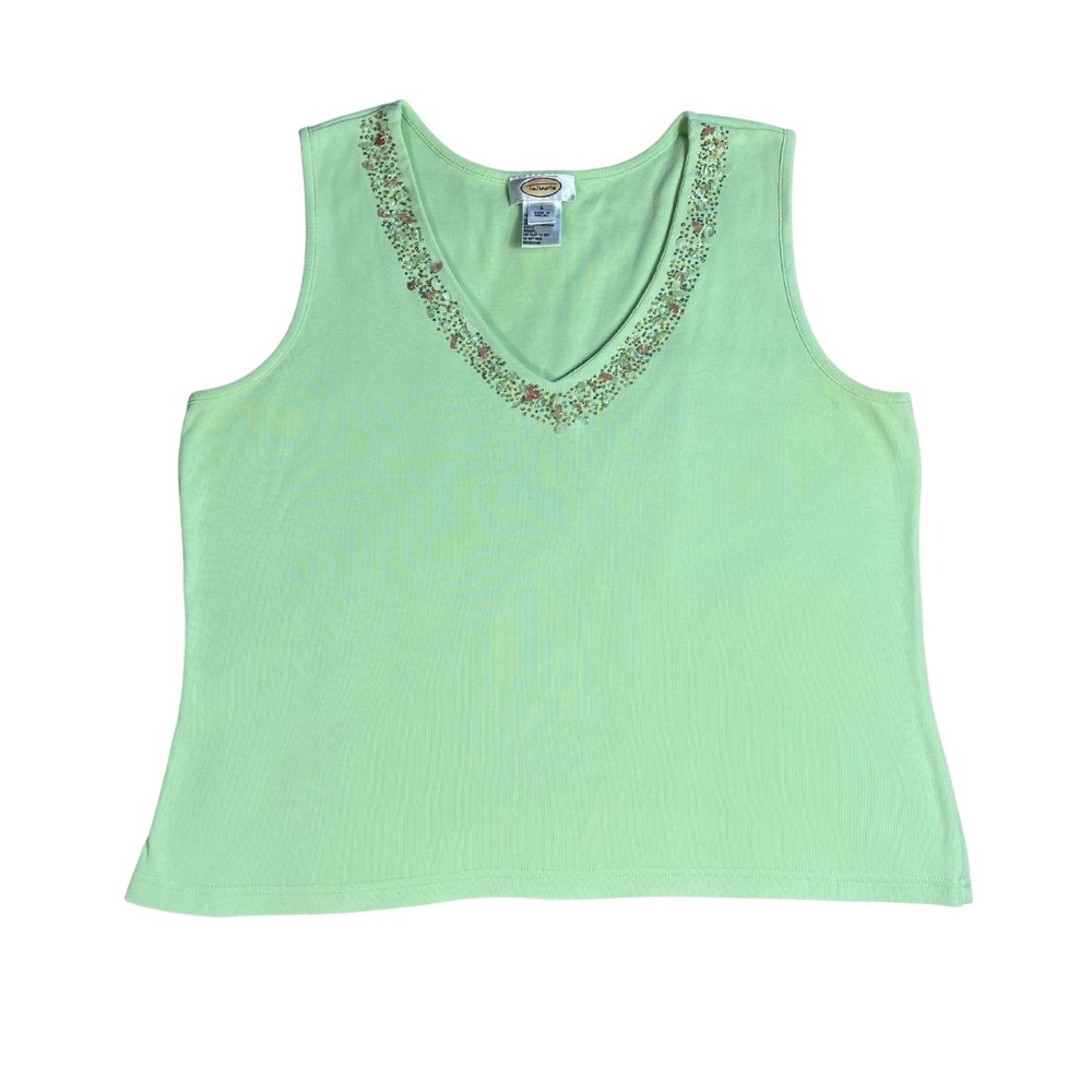 Talbots‎ Spring Green Beaded V Neck Tank Top Size L Soft Girl Coquette Fairy